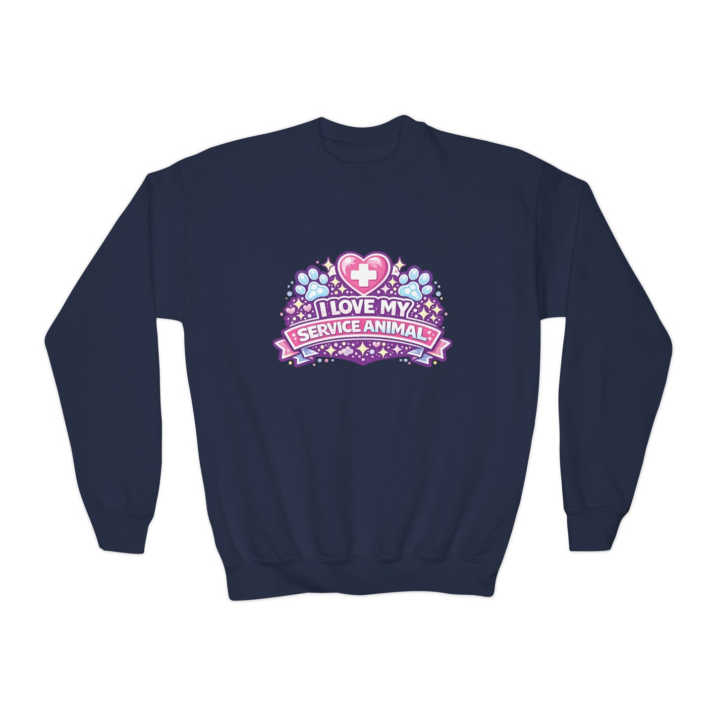 I Love My Service Animal, Youth Crewneck Sweatshirt, Matching, Pink and Purple