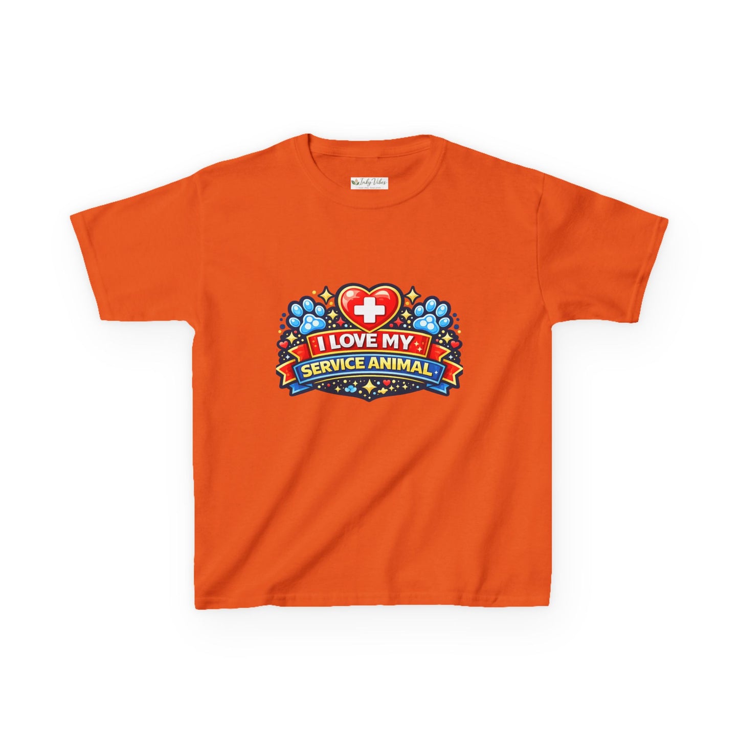 I Love My Service Animal Kid's Tee Shirt Cute Heart and Paw Print Design, Red and Blue