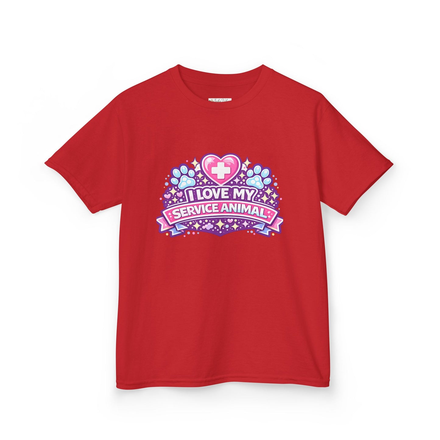 I Love My Service Animal Kid's Tee Shirt Cute Heart and Paw Print Design, Pink and Purple