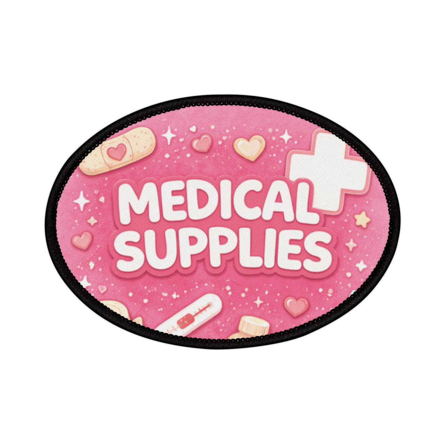 Pink oval patch with 'Medical Supplies' text and medical icons on a white background