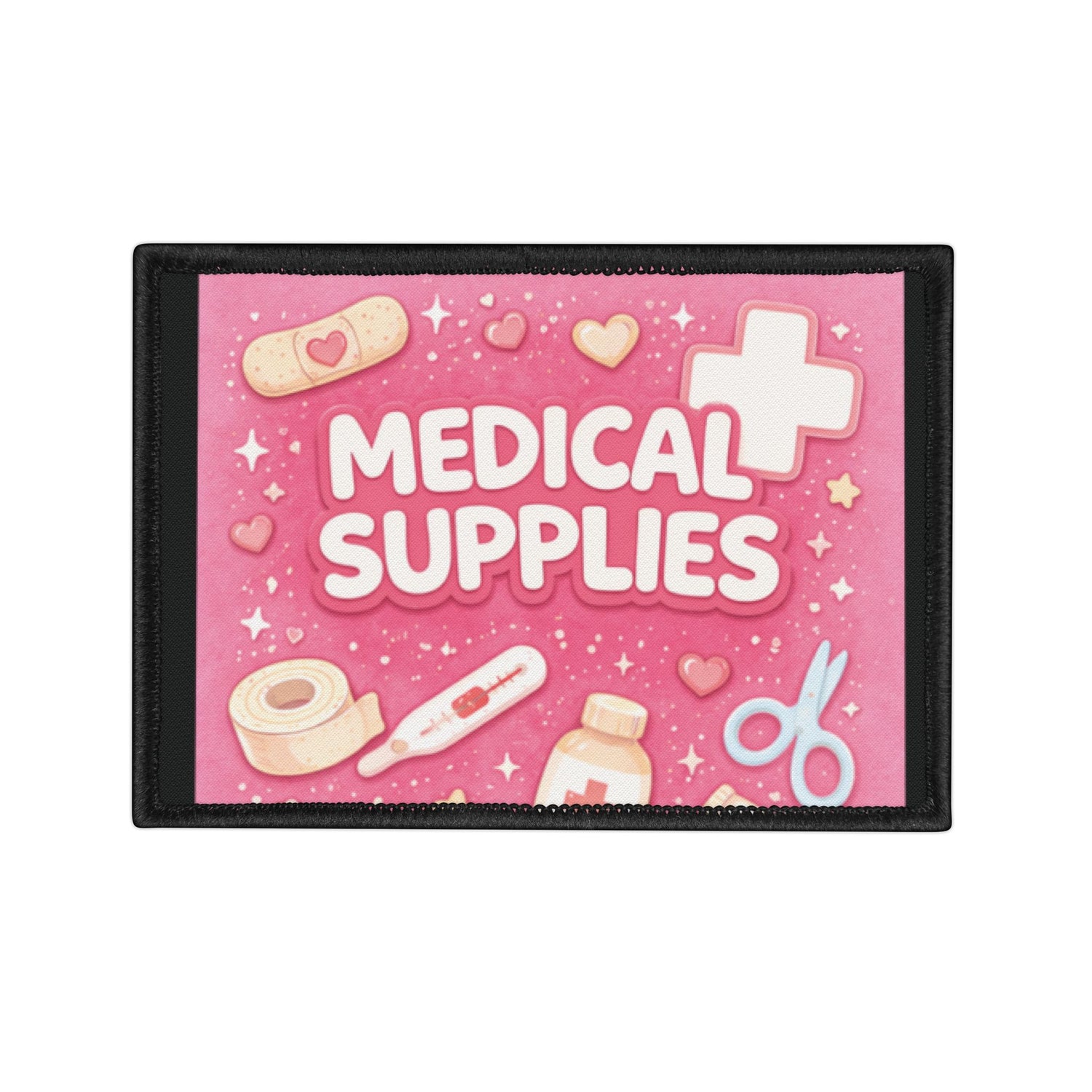Patch with 'Medical Supplies' text and medical icons on a pink background