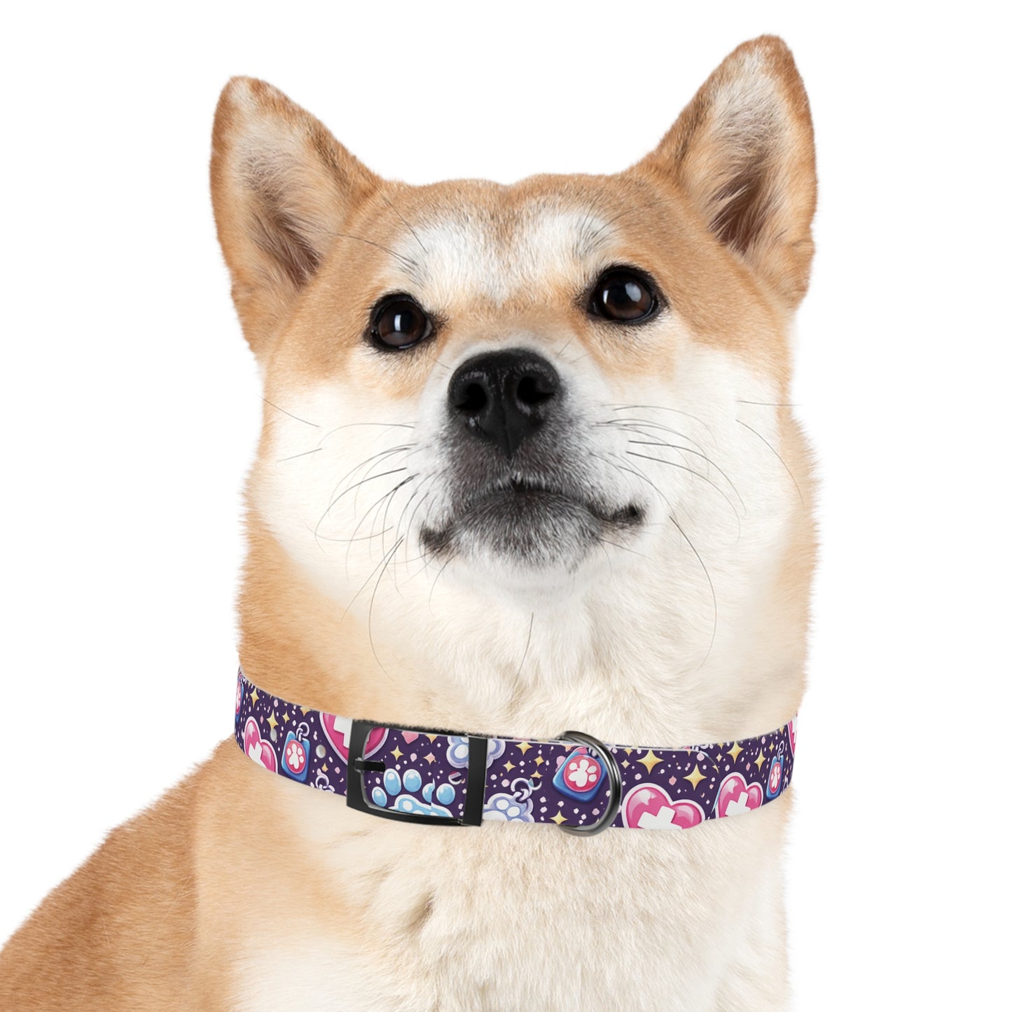 Dog Collar — Cute Paw & Heart Patterned Pet Collar (Pink and Purple)