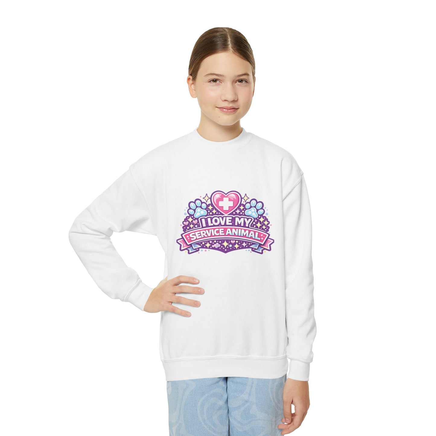 I Love My Service Animal, Youth Crewneck Sweatshirt, Matching, Pink and Purple