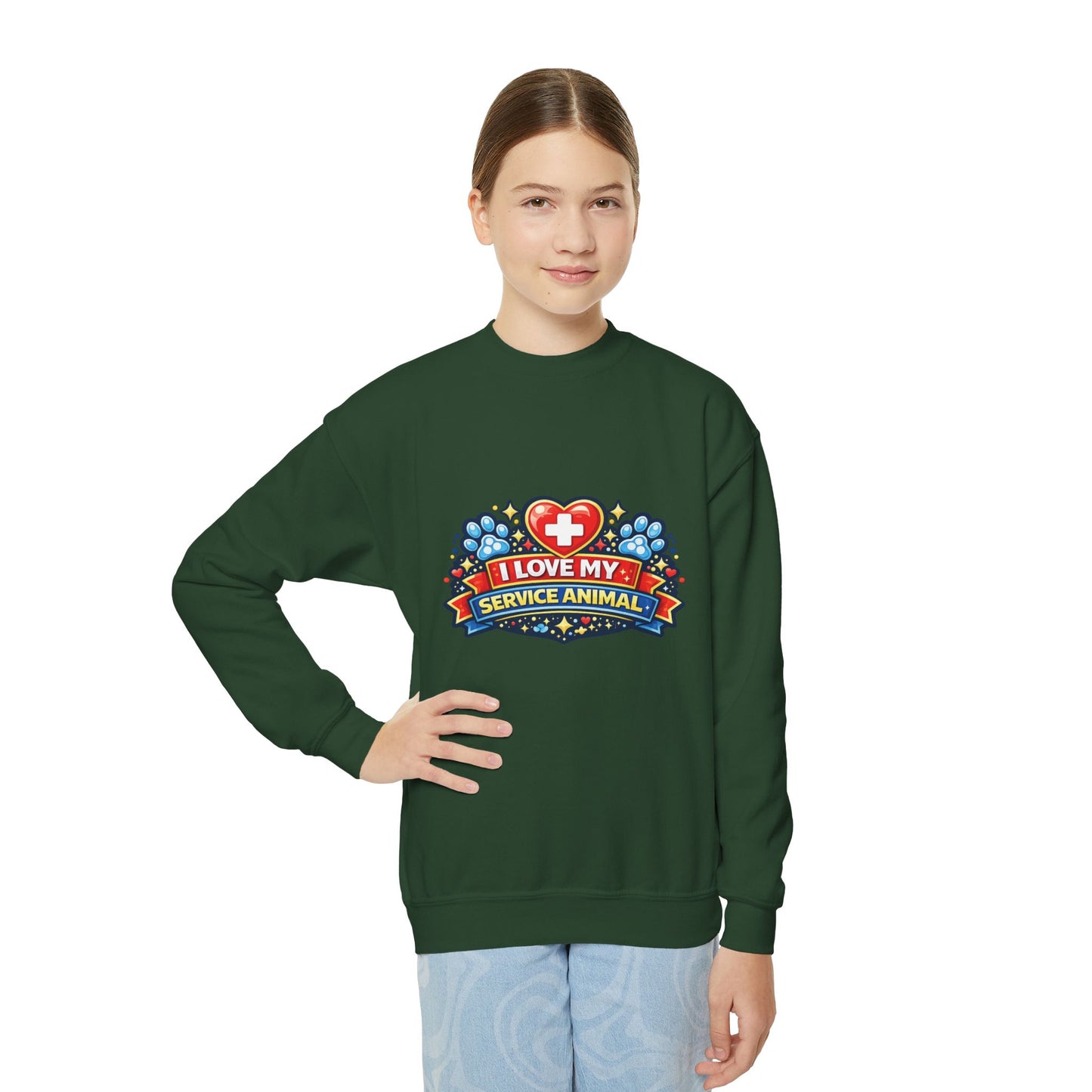 I Love My Service Animal, Youth Crewneck Sweatshirt, Matching, Red and Blue