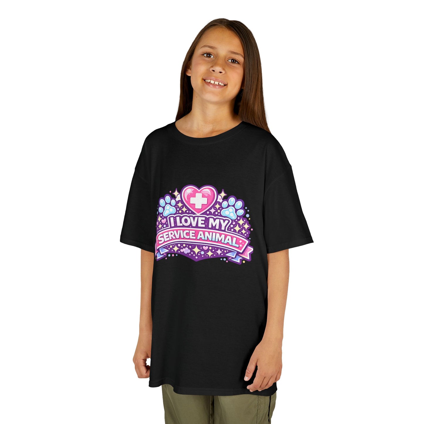 I Love My Service Animal Kid's Tee Shirt Cute Heart and Paw Print Design, Pink and Purple