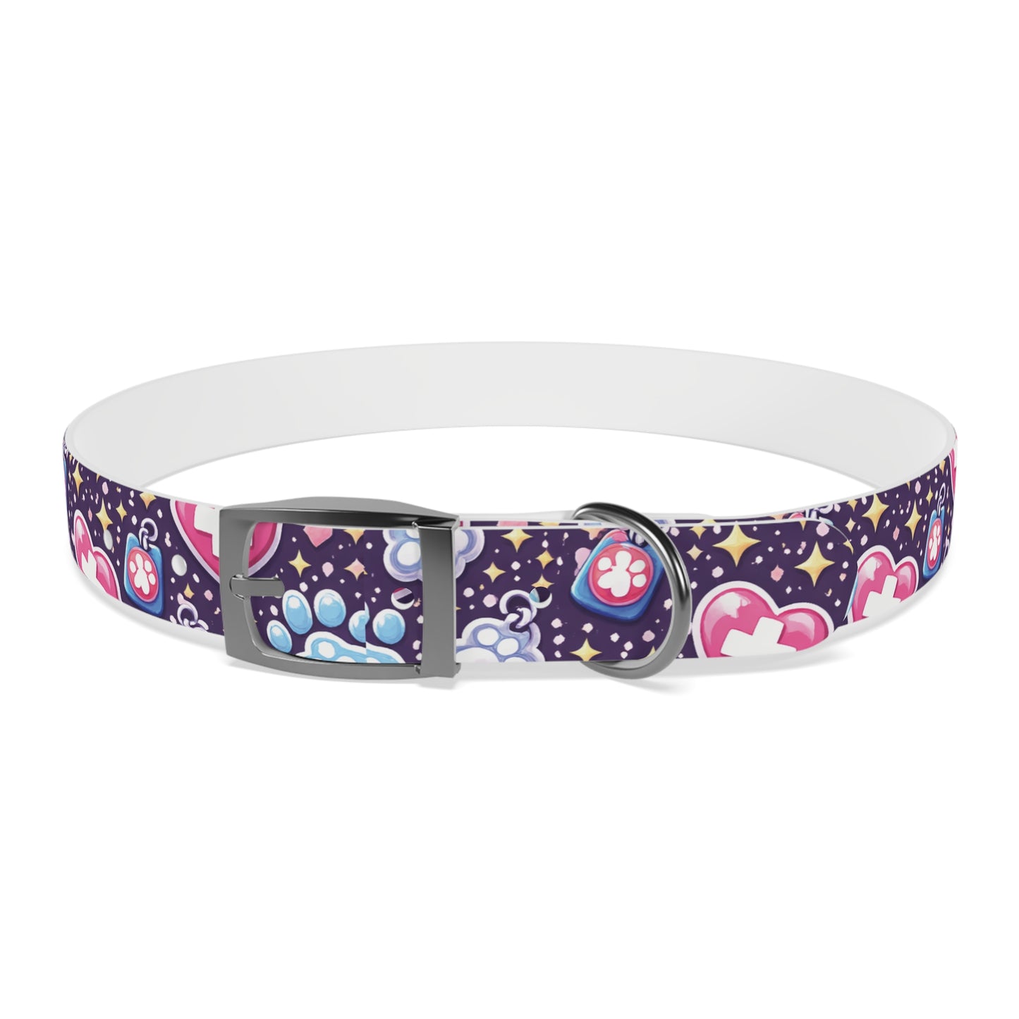 Dog Collar — Cute Paw & Heart Patterned Pet Collar (Pink and Purple)