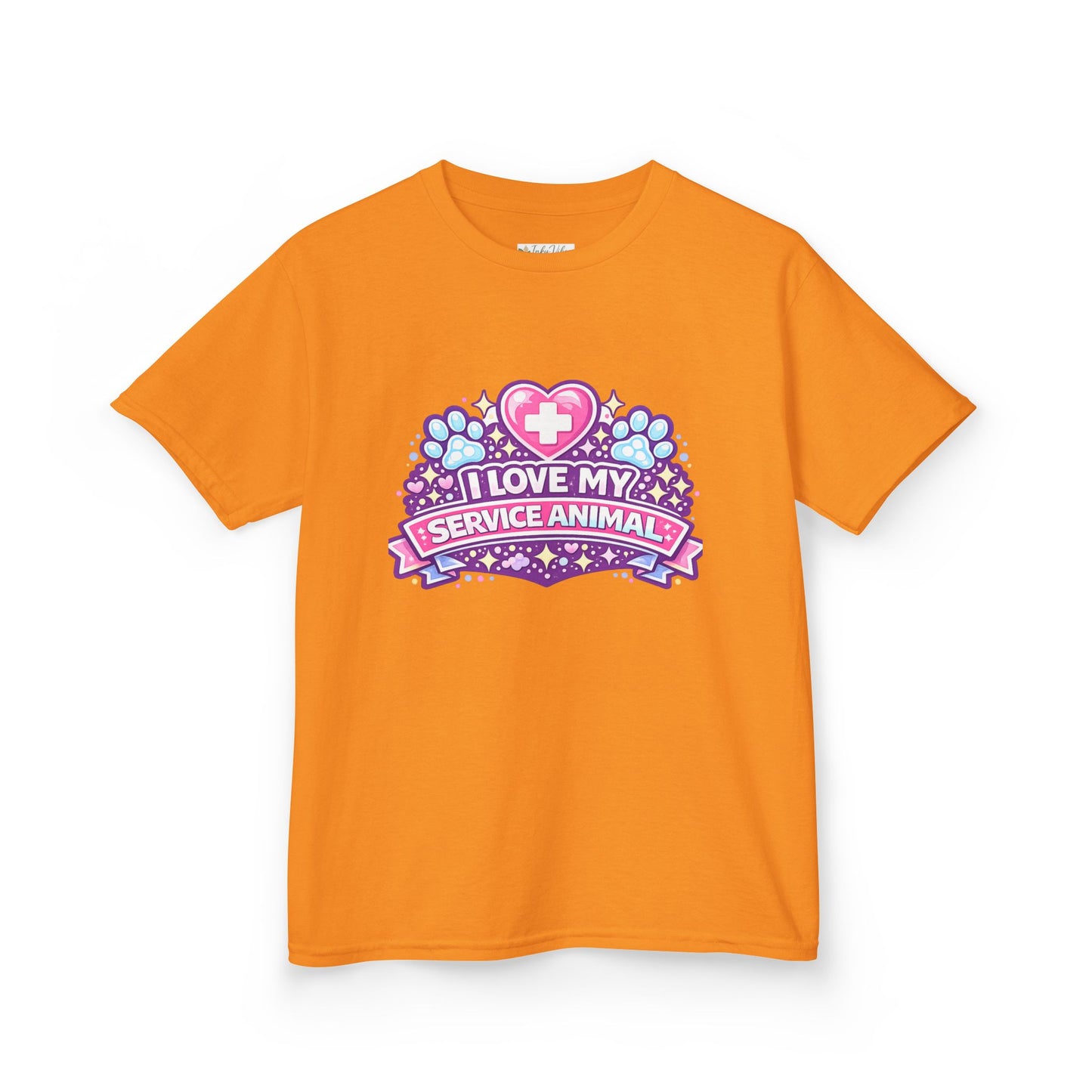 I Love My Service Animal Kid's Tee Shirt Cute Heart and Paw Print Design, Pink and Purple
