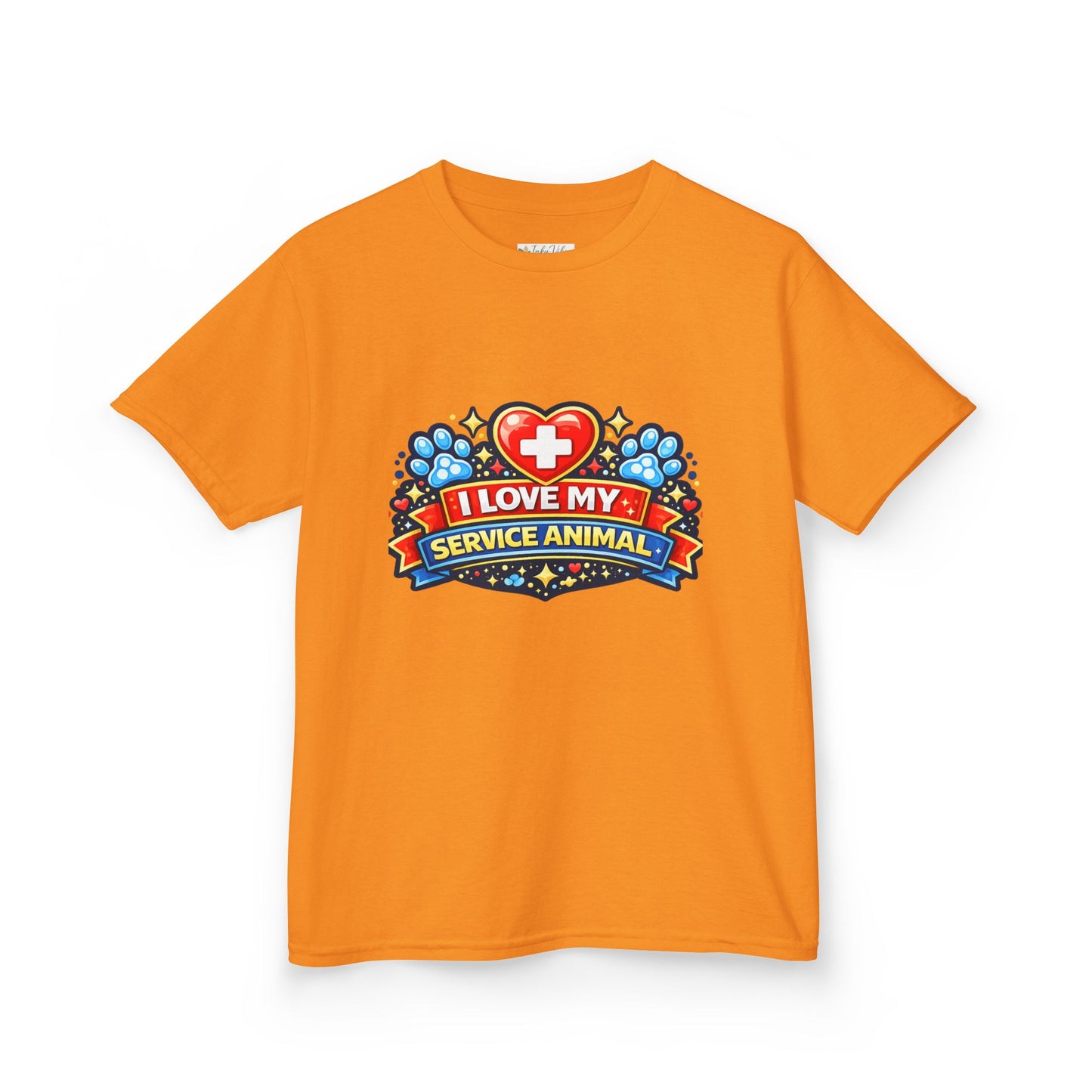 I Love My Service Animal Kid's Tee Shirt Cute Heart and Paw Print Design, Red and Blue