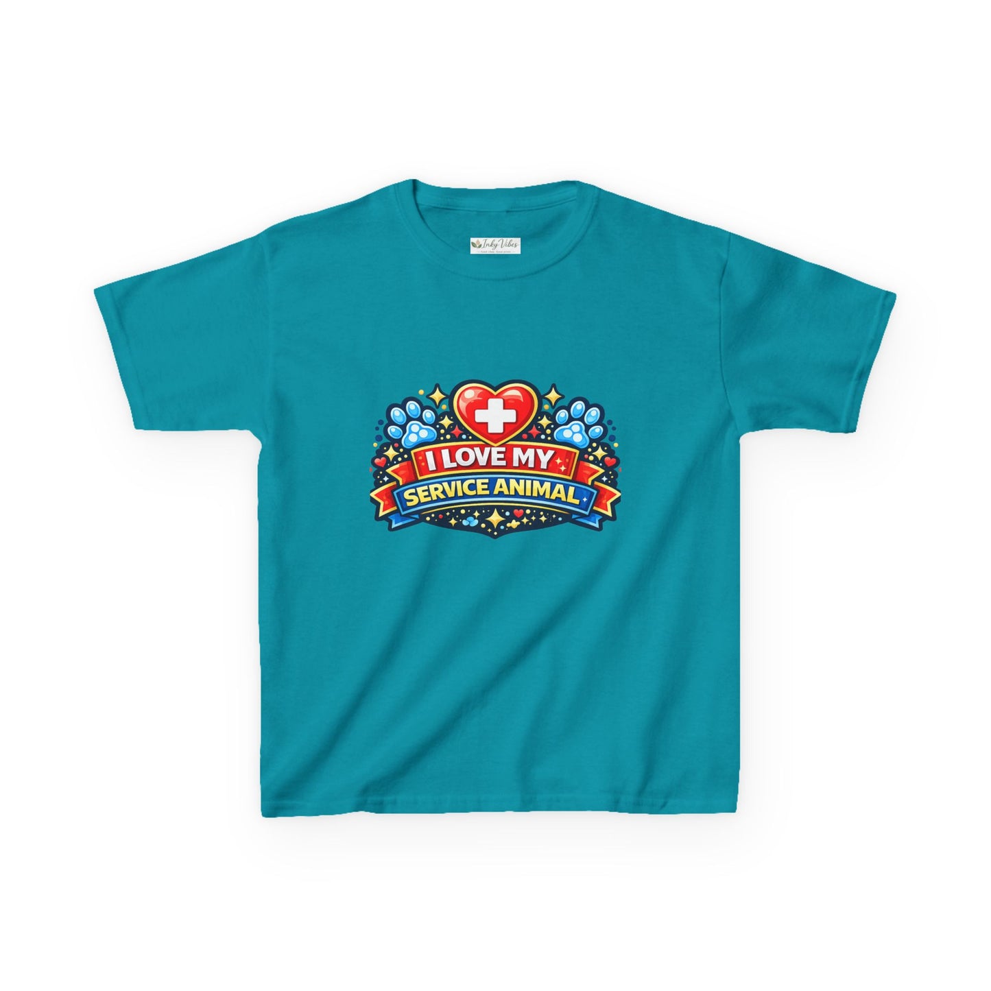 I Love My Service Animal Kid's Tee Shirt Cute Heart and Paw Print Design, Red and Blue