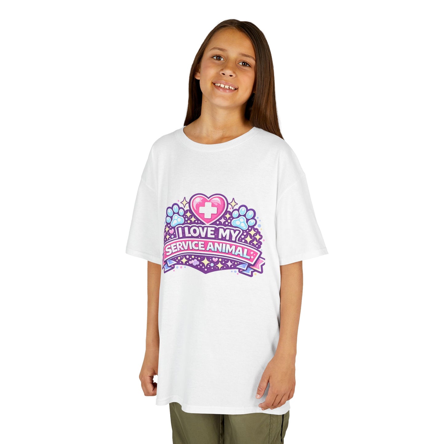 I Love My Service Animal Kid's Tee Shirt Cute Heart and Paw Print Design, Pink and Purple