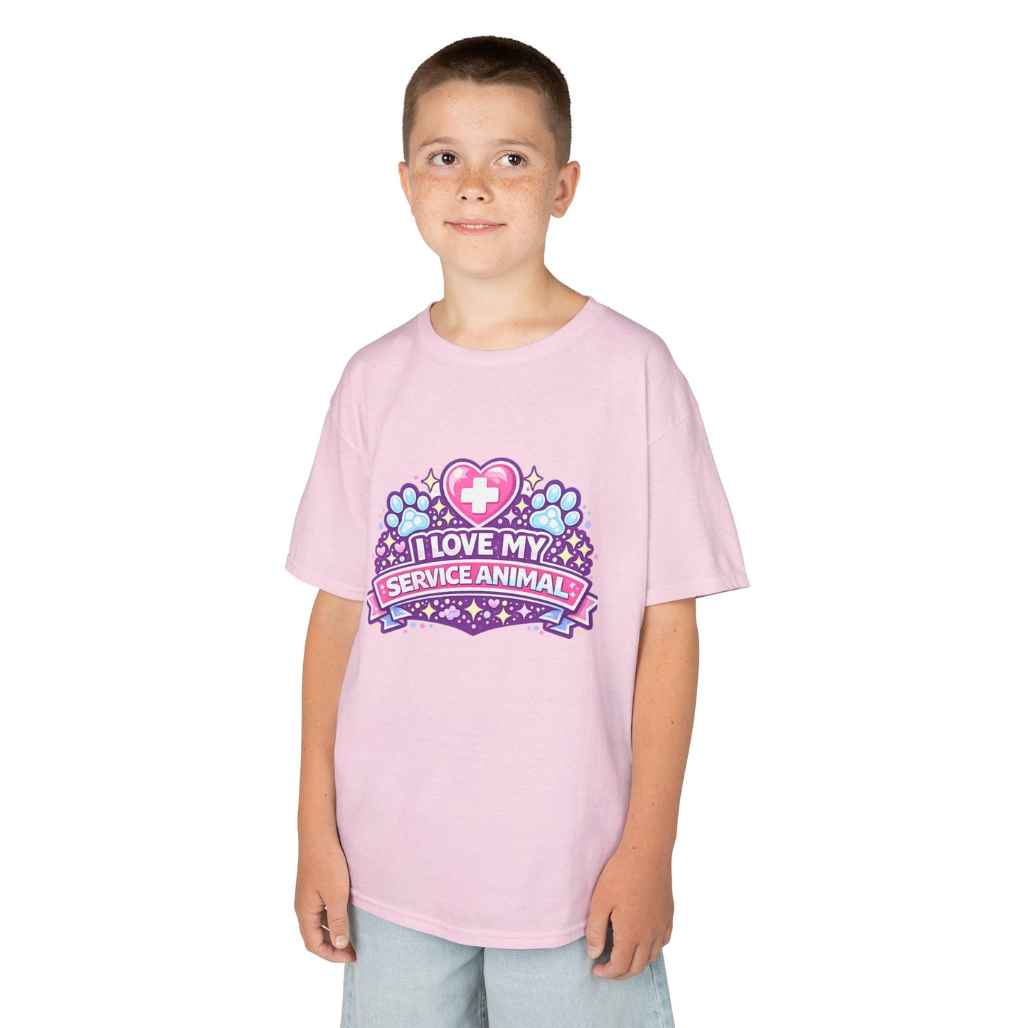 I Love My Service Animal Kid's Tee Shirt Cute Heart and Paw Print Design, Pink and Purple
