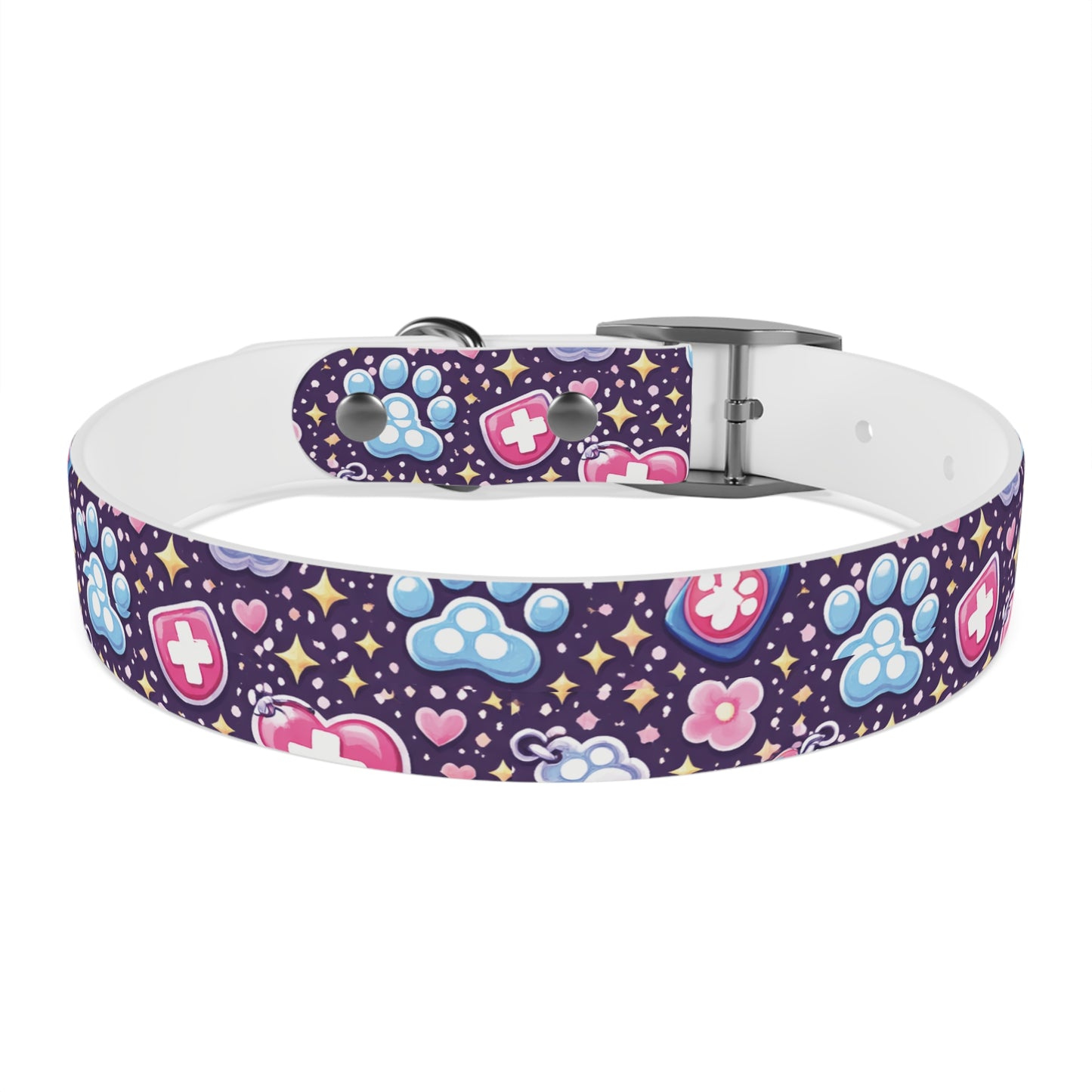 Dog Collar — Cute Paw & Heart Patterned Pet Collar (Pink and Purple)