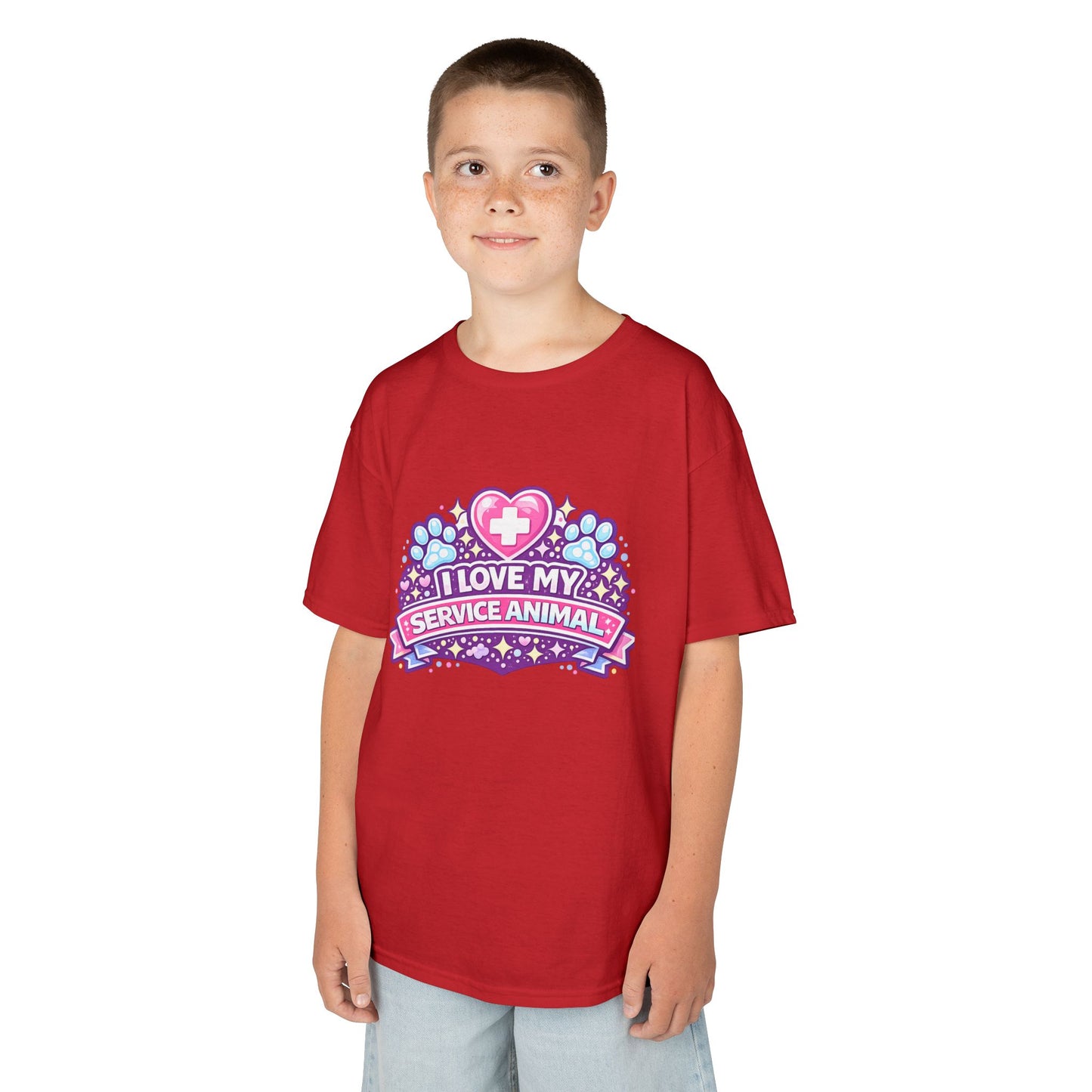 I Love My Service Animal Kid's Tee Shirt Cute Heart and Paw Print Design, Pink and Purple