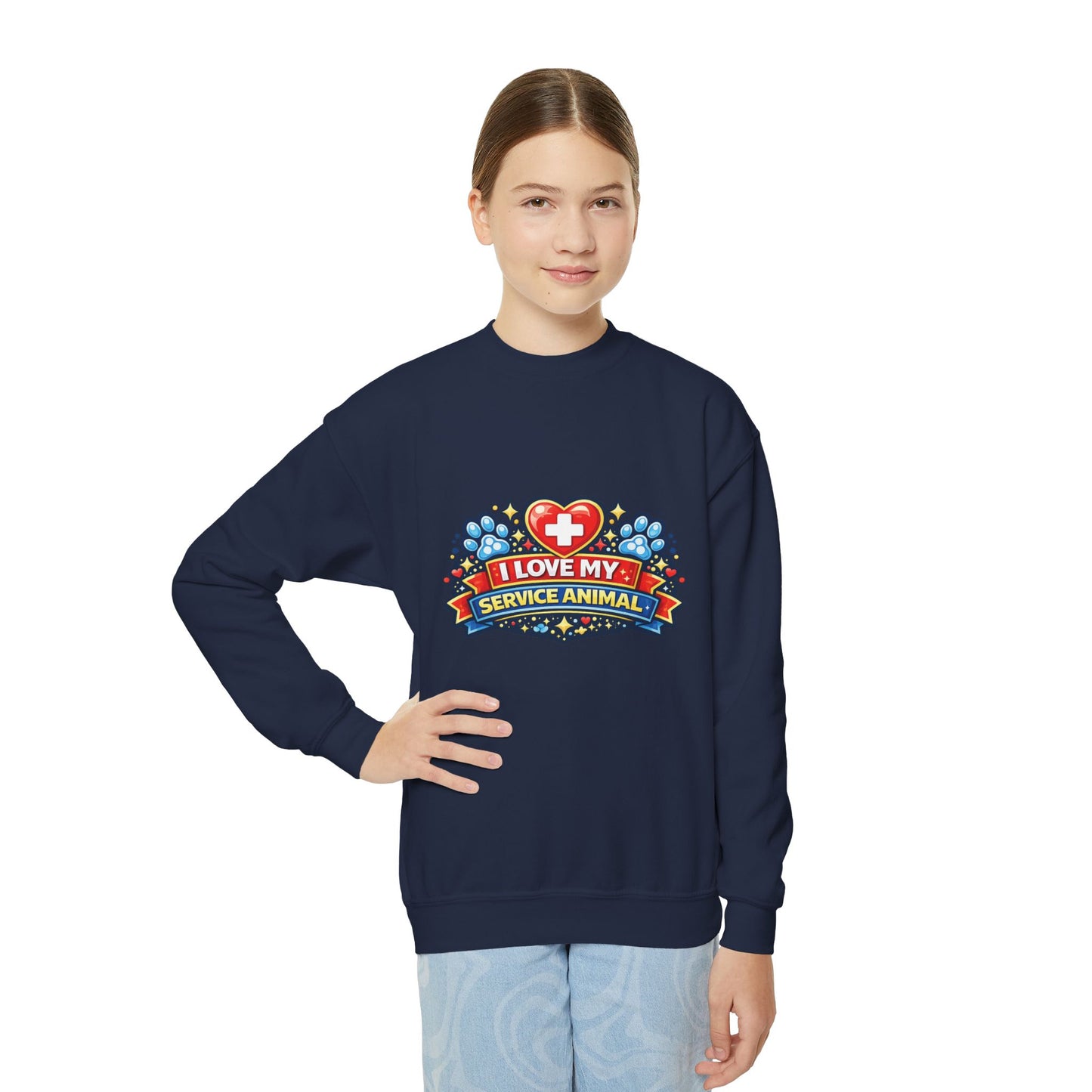I Love My Service Animal, Youth Crewneck Sweatshirt, Matching, Red and Blue