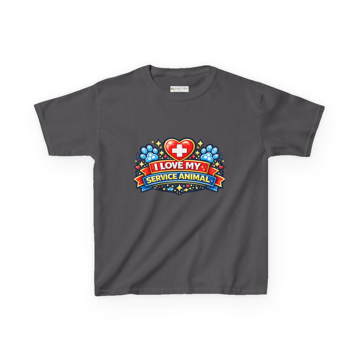I Love My Service Animal Kid's Tee Shirt Cute Heart and Paw Print Design, Red and Blue