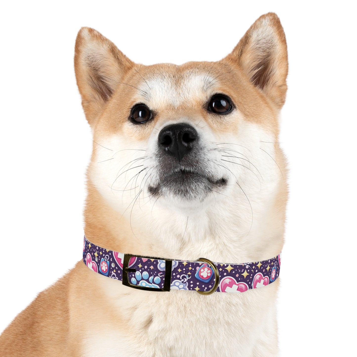Dog Collar — Cute Paw & Heart Patterned Pet Collar (Pink and Purple)