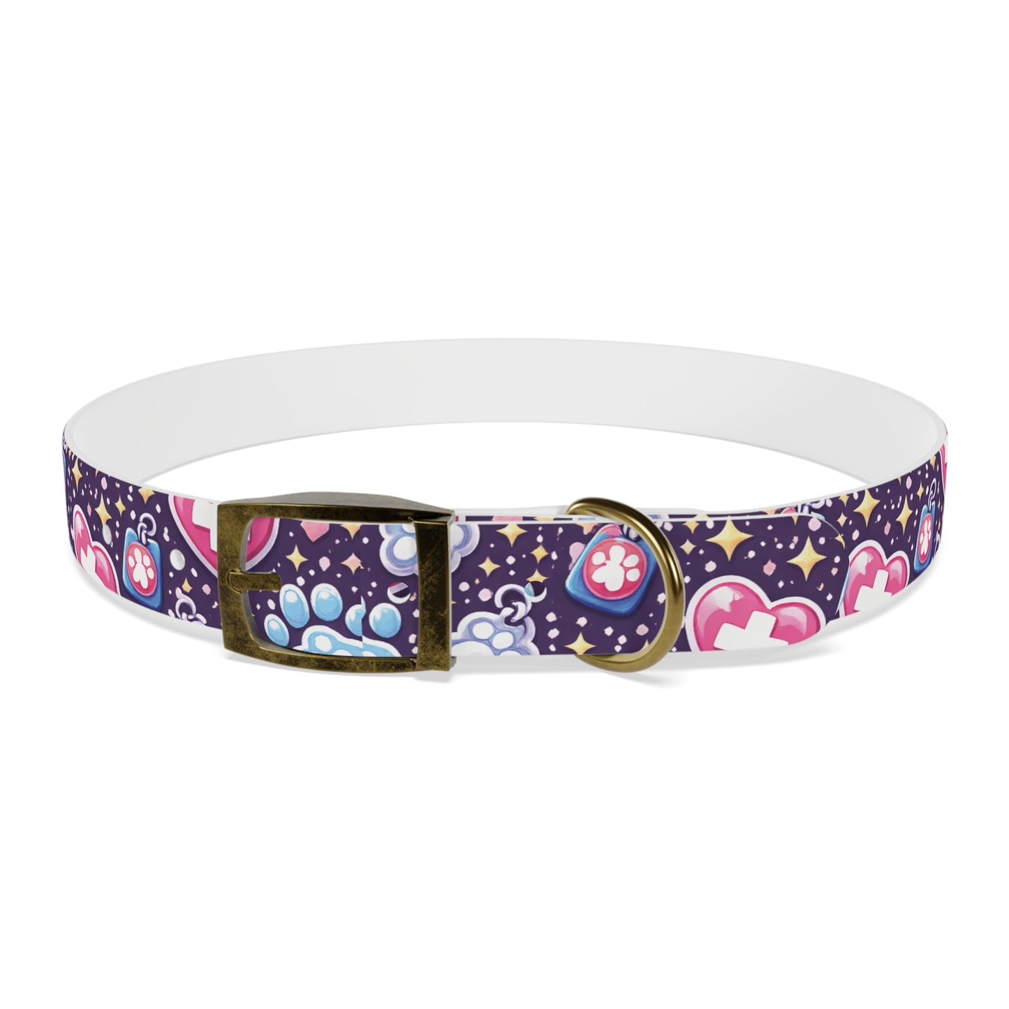 Dog Collar — Cute Paw & Heart Patterned Pet Collar (Pink and Purple)