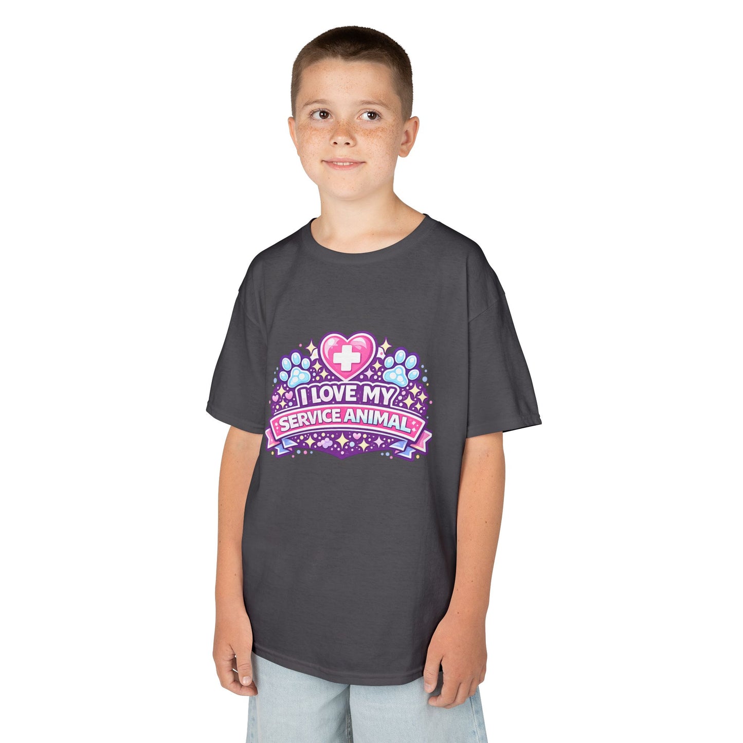I Love My Service Animal Kid's Tee Shirt Cute Heart and Paw Print Design, Pink and Purple
