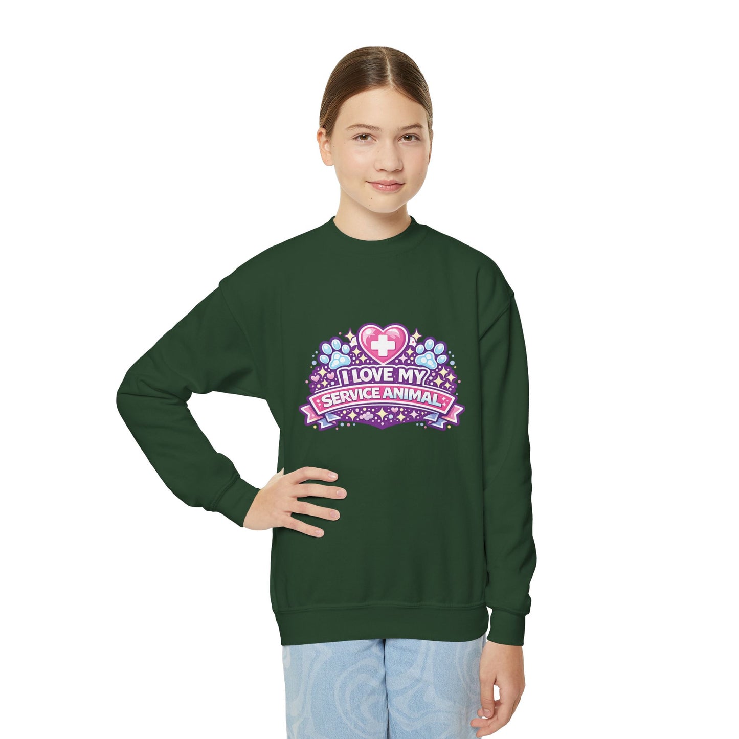 I Love My Service Animal, Youth Crewneck Sweatshirt, Matching, Pink and Purple