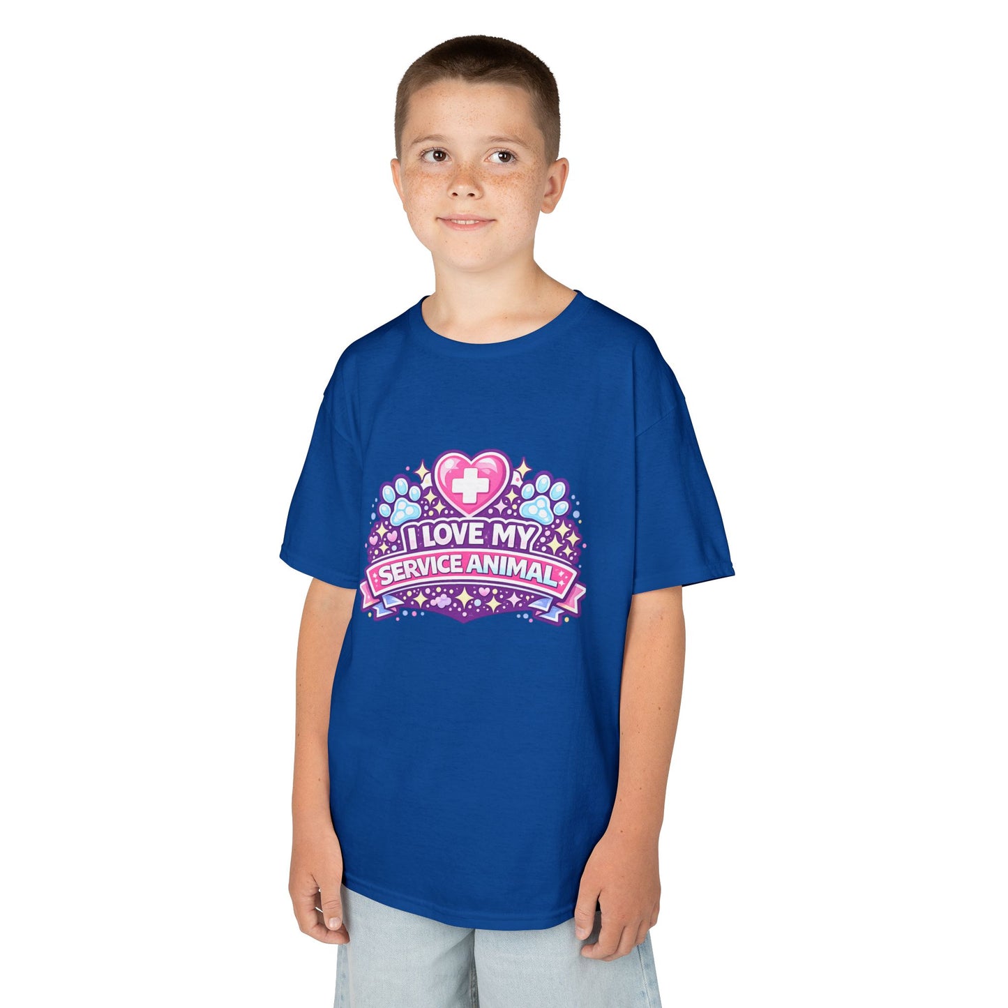 I Love My Service Animal Kid's Tee Shirt Cute Heart and Paw Print Design, Pink and Purple