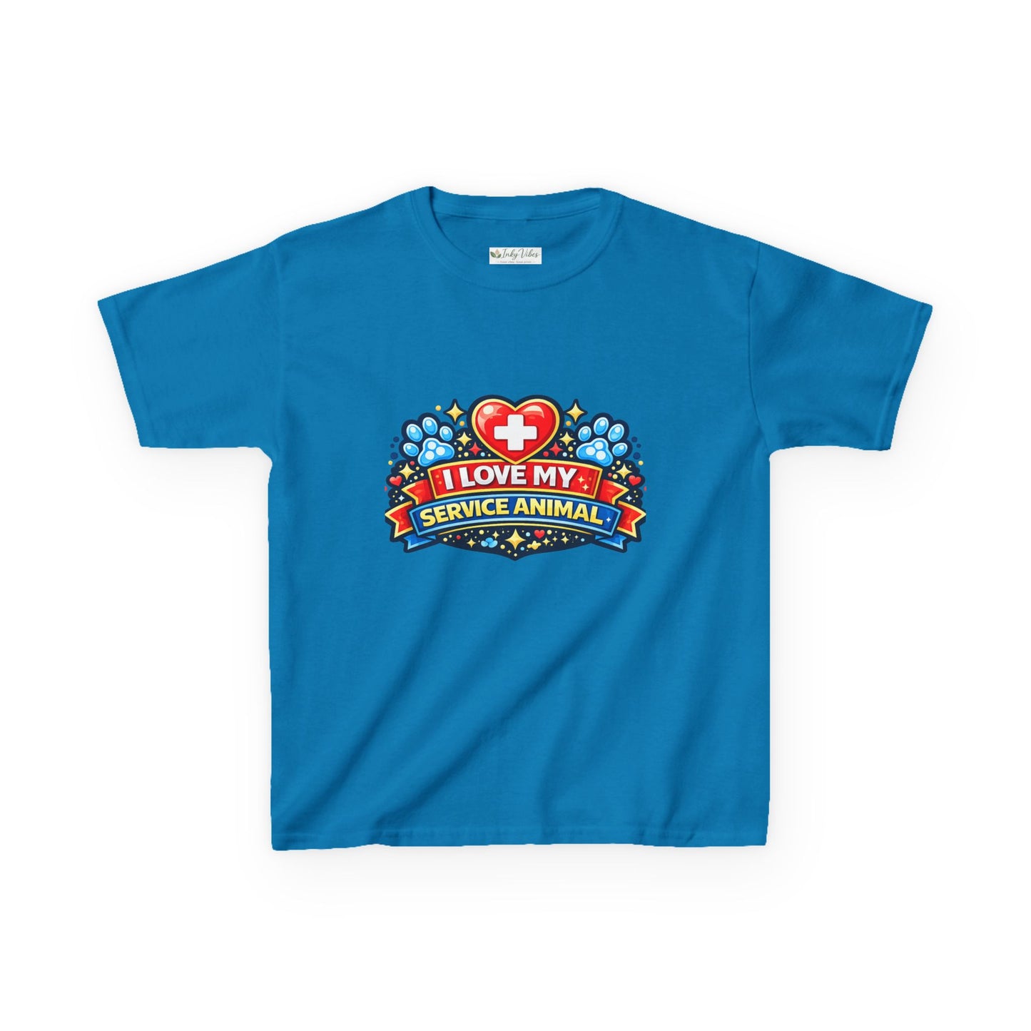 I Love My Service Animal Kid's Tee Shirt Cute Heart and Paw Print Design, Red and Blue
