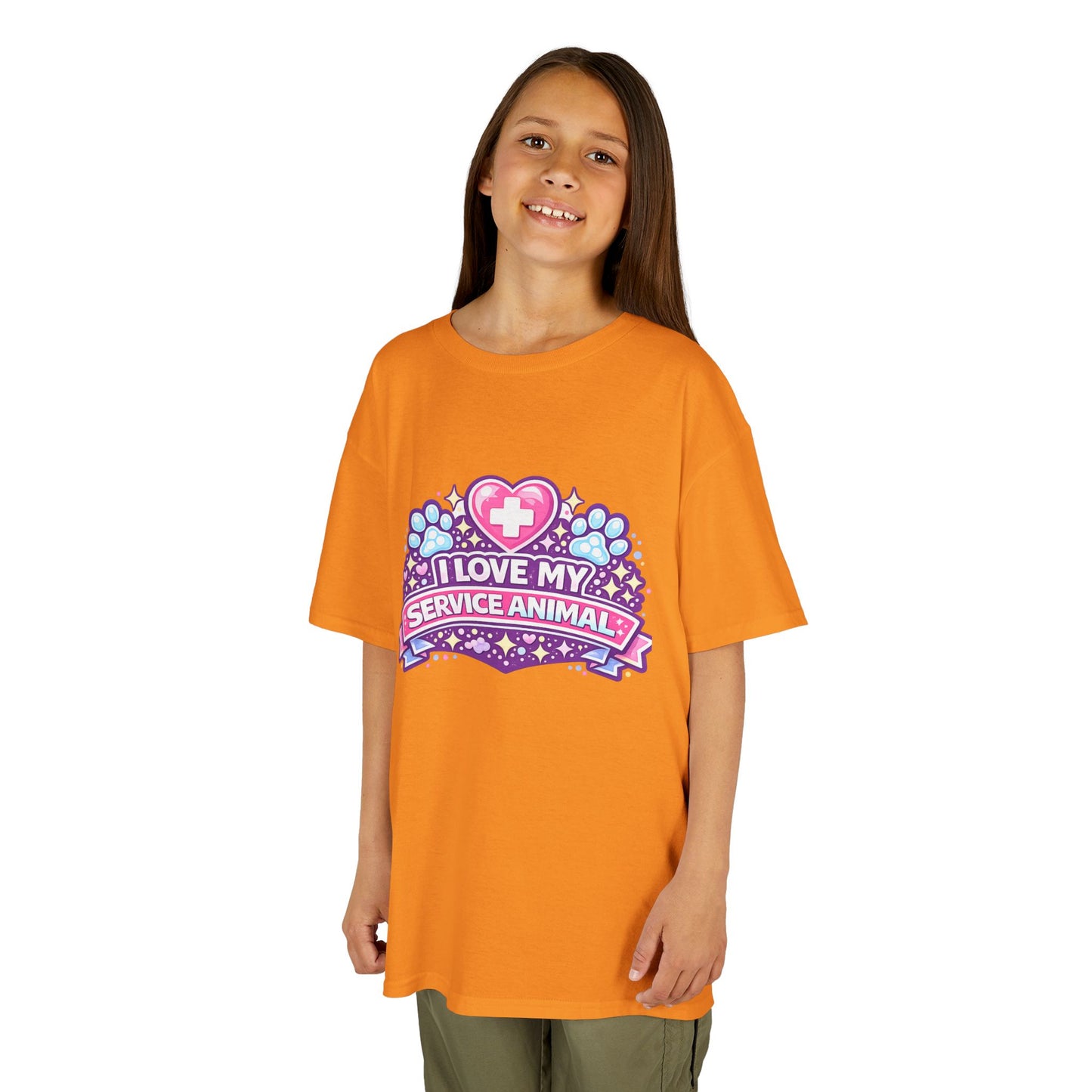 I Love My Service Animal Kid's Tee Shirt Cute Heart and Paw Print Design, Pink and Purple