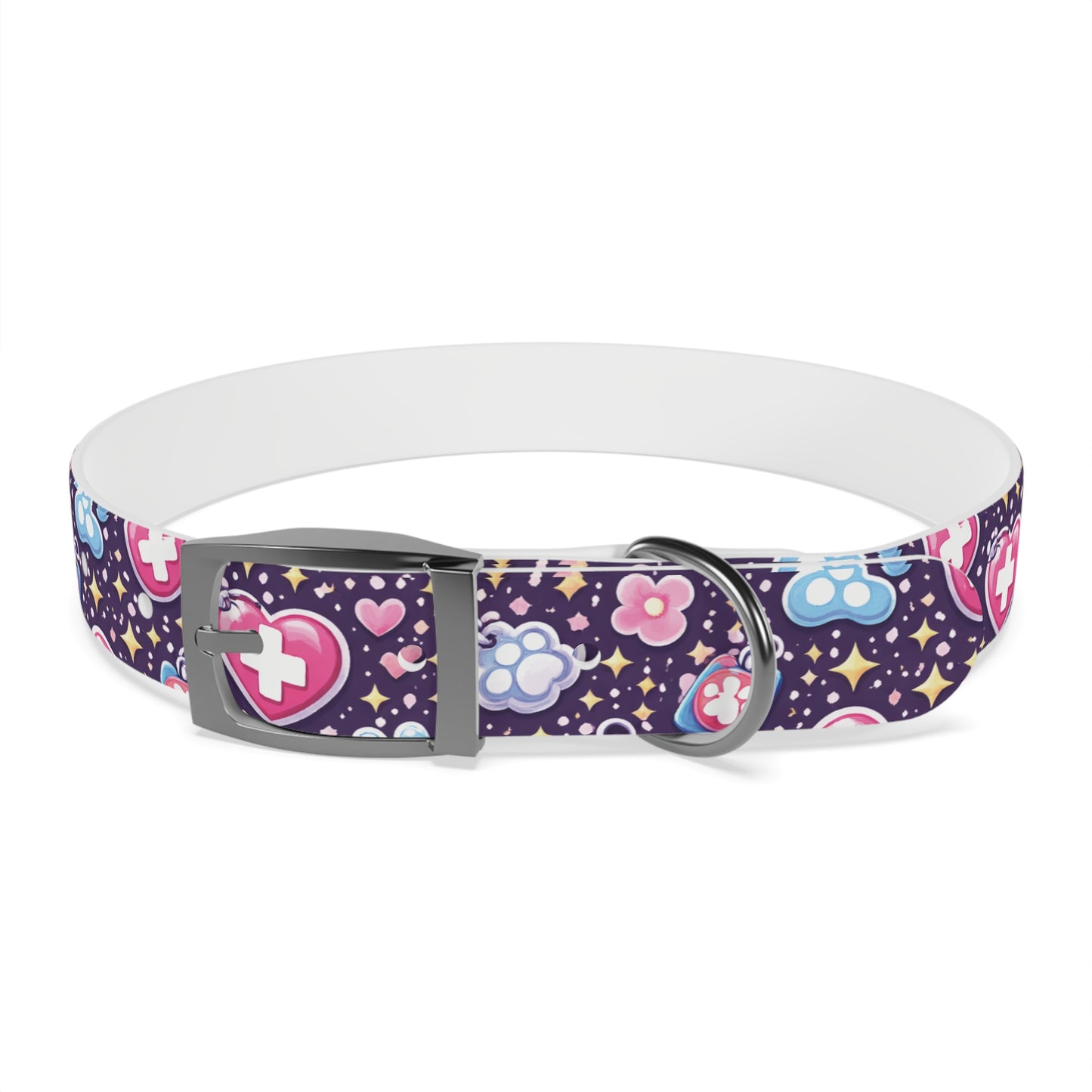 Dog Collar — Cute Paw & Heart Patterned Pet Collar (Pink and Purple)