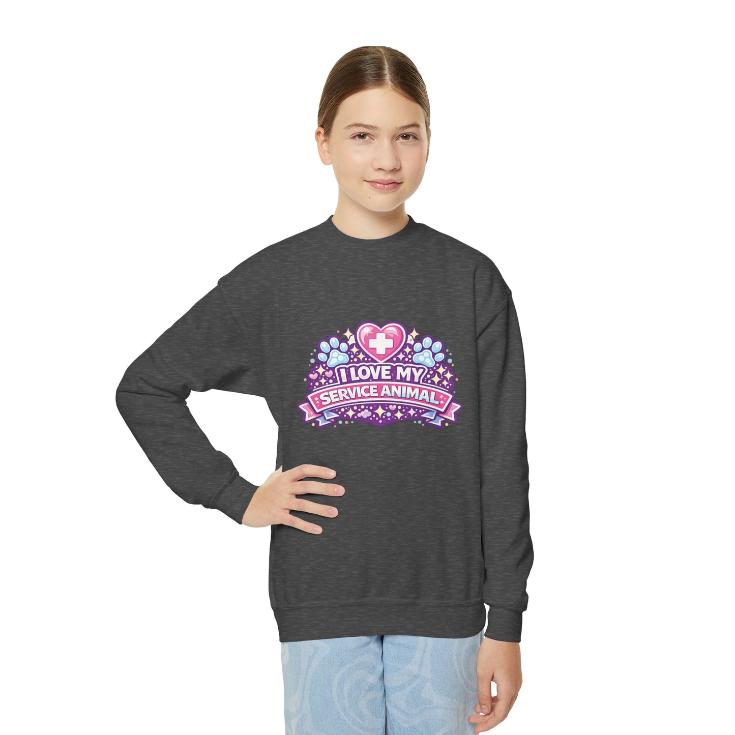 I Love My Service Animal, Youth Crewneck Sweatshirt, Matching, Pink and Purple