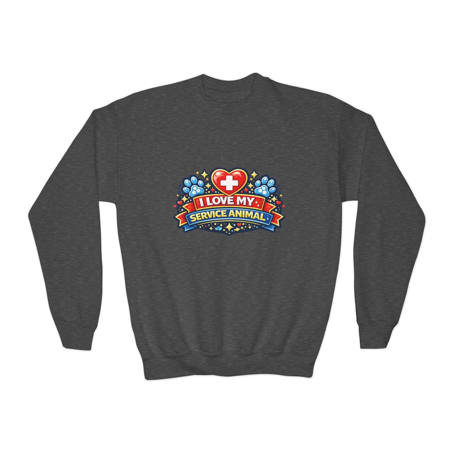 I Love My Service Animal, Youth Crewneck Sweatshirt, Matching, Red and Blue
