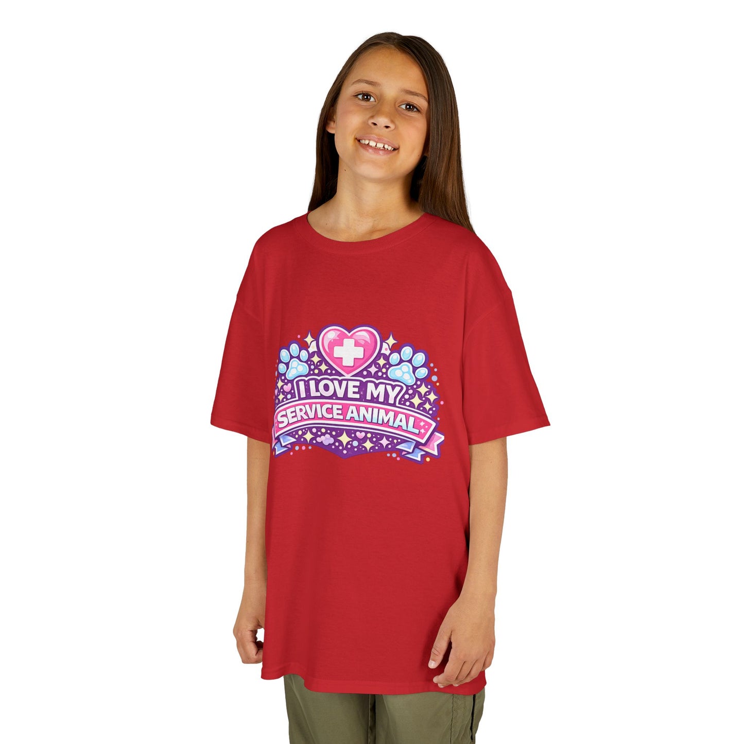 I Love My Service Animal Kid's Tee Shirt Cute Heart and Paw Print Design, Pink and Purple