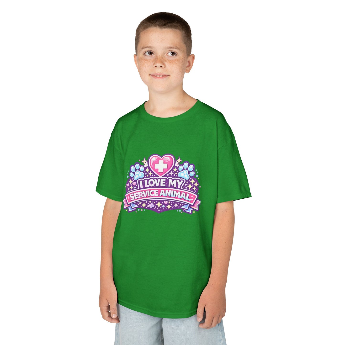 I Love My Service Animal Kid's Tee Shirt Cute Heart and Paw Print Design, Pink and Purple