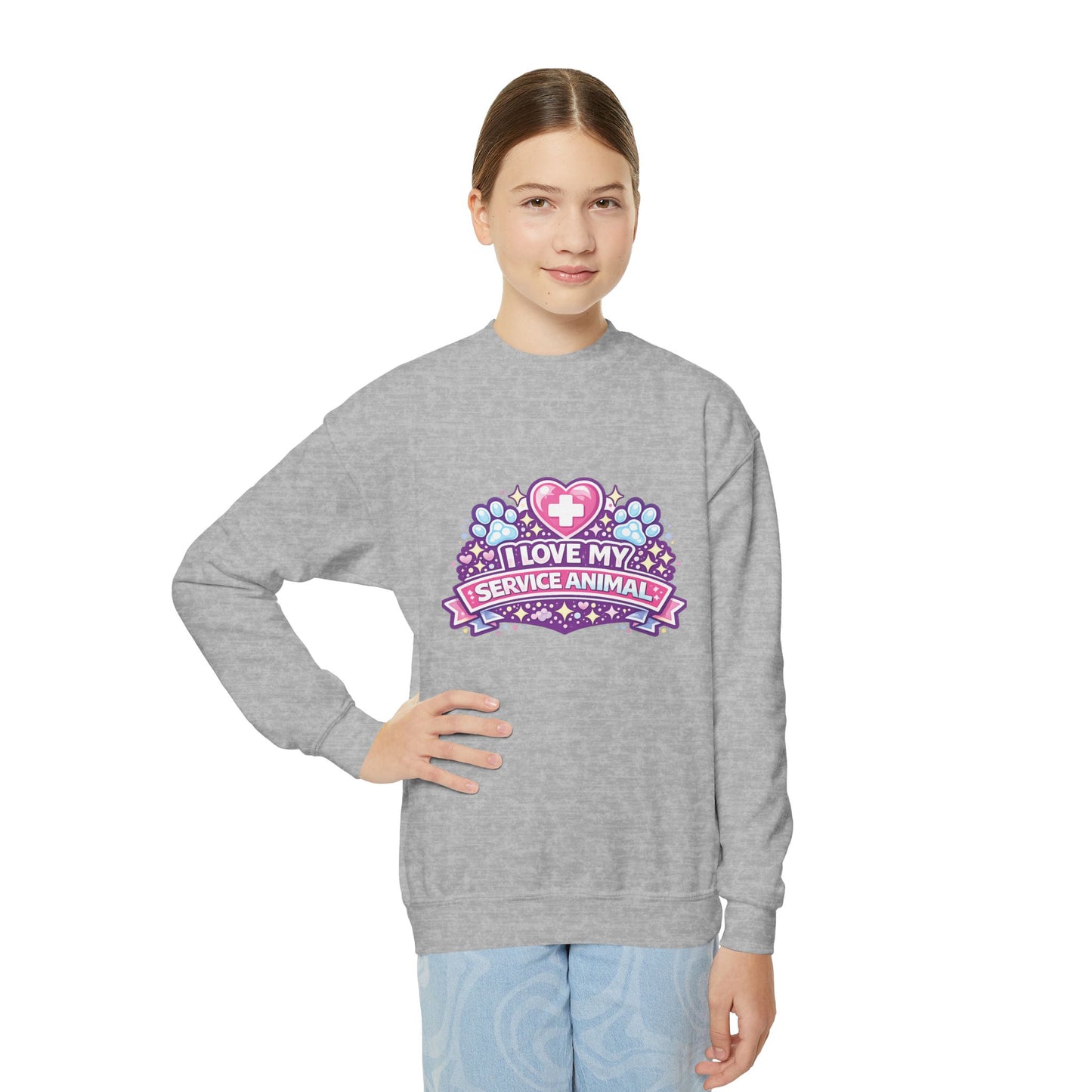 I Love My Service Animal, Youth Crewneck Sweatshirt, Matching, Pink and Purple