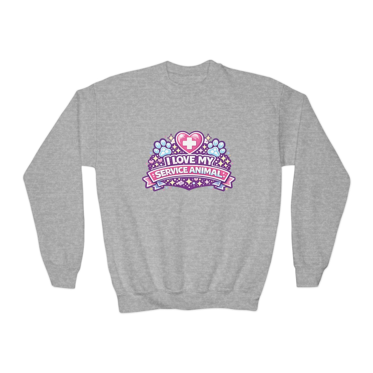 I Love My Service Animal, Youth Crewneck Sweatshirt, Matching, Pink and Purple