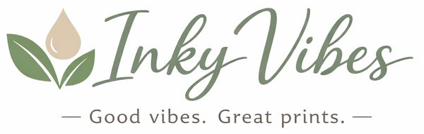 Inky Vibes logo with leaves and a drop on a white background