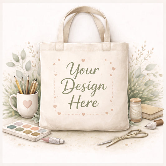 Beige tote bag with 'Your Design Here' text, surrounded by stationery items on a white background